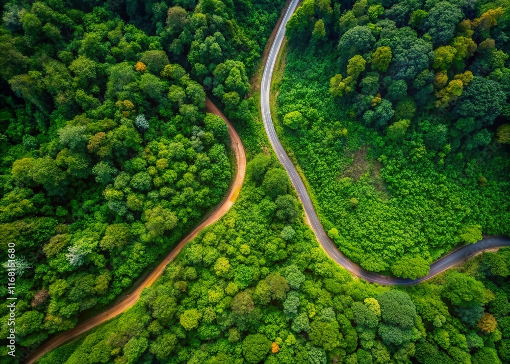 Aerial Minimalist View: Deforestation in Rainforest, Winding Roads Aerial Minimalist View: Deforestation in Rainforest, Winding Roads