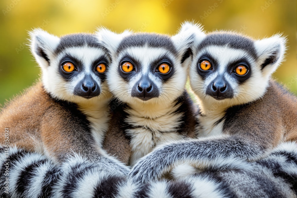 Fototapeta premium Three ring-tailed lemurs with vivid orange eyes, fur details visible, embracing each other closely, against a blurred yellow-green backdrop. Concept of wildlife. Ai generative.