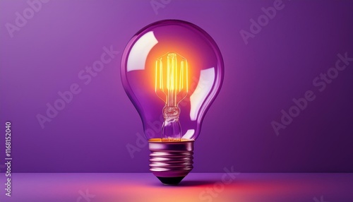 Light bulb on purple background with copy space. Glowing light bulb symbol of new idea, creativity, innovation, concept, technology, equipment, glowing, inspiration, invention, solution, 