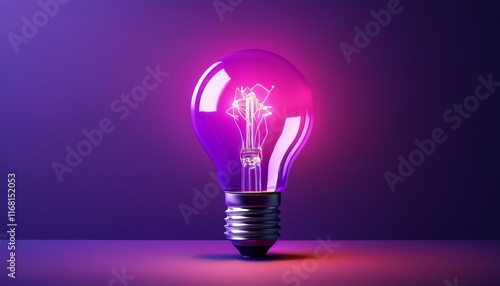 Light bulb on purple background with copy space. Glowing light bulb symbol of new idea, creativity, innovation, concept, technology, equipment, glowing, inspiration, invention, solution, 