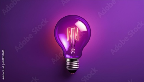 Light bulb on purple background with copy space. Glowing light bulb symbol of new idea, creativity, innovation, concept, technology, equipment, glowing, inspiration, invention, solution, 
