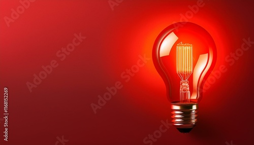 Light bulb on Red background with copy space. Glowing light bulb symbol of new idea, creativity, innovation, concept, technology, equipment, glowing, inspiration, invention, solution, 
