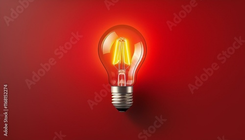 Light bulb on Red background with copy space. Glowing light bulb symbol of new idea, creativity, innovation, concept, technology, equipment, glowing, inspiration, invention, solution, 