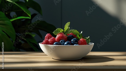 Freshly picked berries Including strawberries, blueberries and raspberries. Displayed in a white ceramic bowl on a wooden table. photo