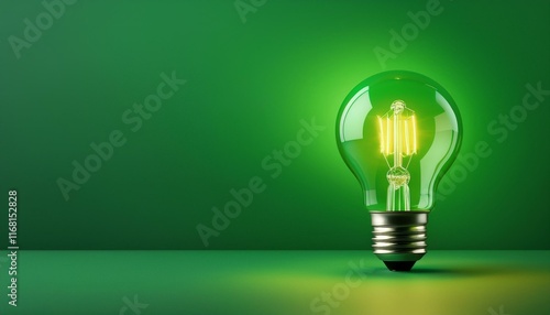 Light bulb on green background with copy space. Glowing light bulb symbol of new idea, creativity, innovation, concept, technology, equipment, glowing, inspiration, invention, solution, 
