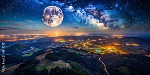 Aerial Night View of Full Moon over Dramatic Landscape