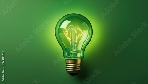 Light bulb on green background with copy space. Glowing light bulb symbol of new idea, creativity, innovation, concept, technology, equipment, glowing, inspiration, invention, solution, 