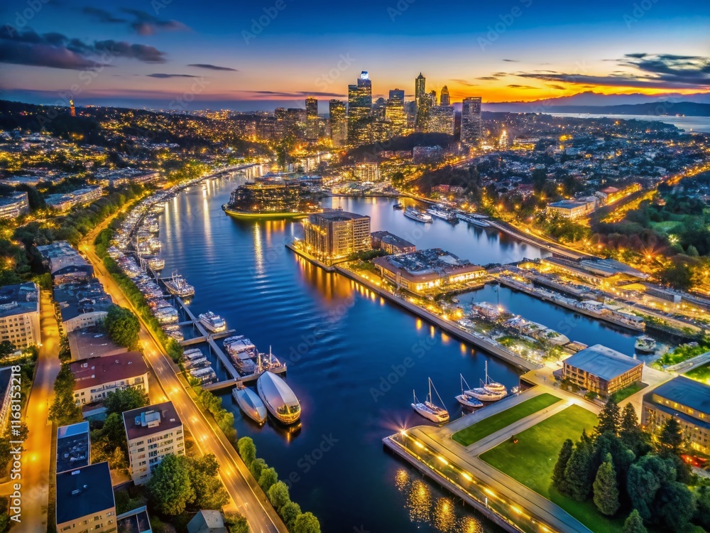 Fototapeta premium Aerial Night View of Seattle, Lake Union & Ballard Locks - Illuminated Cityscape