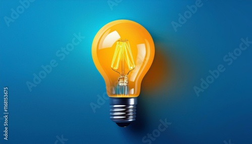 Light bulb on green background with copy space. Glowing light blue symbol of new idea, creativity, innovation, concept, technology, equipment, glowing, inspiration, invention, solution, 