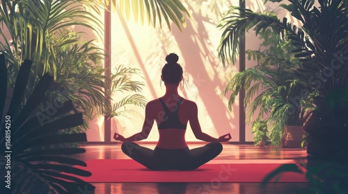 Wallpaper Mural Yoga, meditation, stretching and Pilates. Vector cute illustration of woman in lotus position exercising in studio with tropical plants for banner, background, poster or flyer Torontodigital.ca