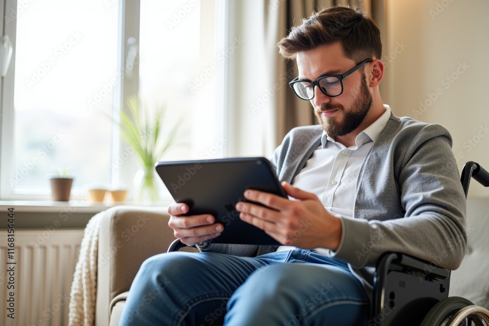 Focused Man in Wheelchair Using Tablet and Smartphone in Cozy Living Room, Ideal for Disability Awareness and Technology Campaigns Focused Man in Wheelchair Using Tablet and Smartphone in Cozy Living Room, Ideal for Disability Awareness and Technology Campaigns