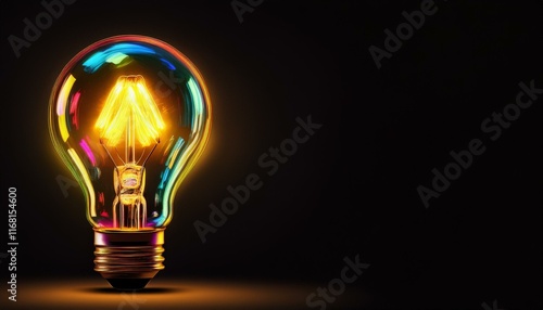Light bulb on black background with copy space. Glowing light bulb symbol of new idea, creativity, innovation, concept, technology, equipment, glowing, inspiration, invention, solution,