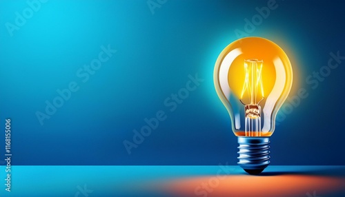 Light bulb on Blue background with copy space. Glowing light bulb symbol of new idea, creativity, innovation, concept, technology, equipment, glowing, inspiration, invention, solution,