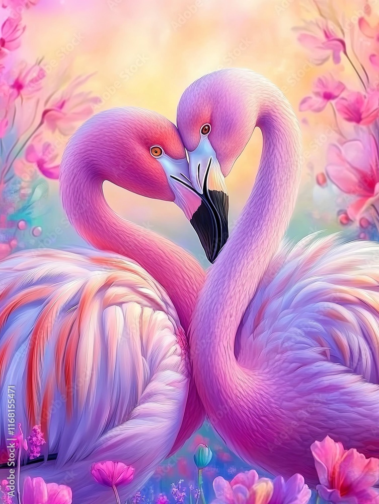 Naklejka premium Two Flamingos Standing Close Together in a Colorful Scene