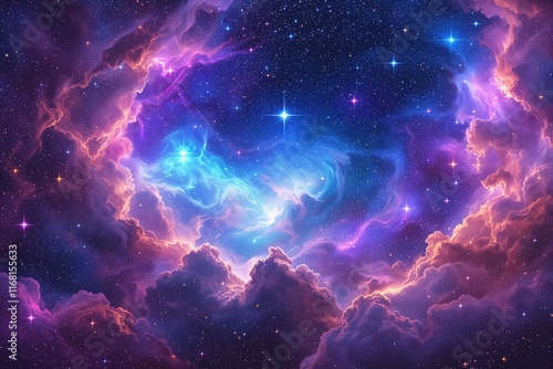 A vivid cosmic nebula with glowing stars, swirling clouds in purple, blue, and pink hues, set against a starry universal background. Ai generative