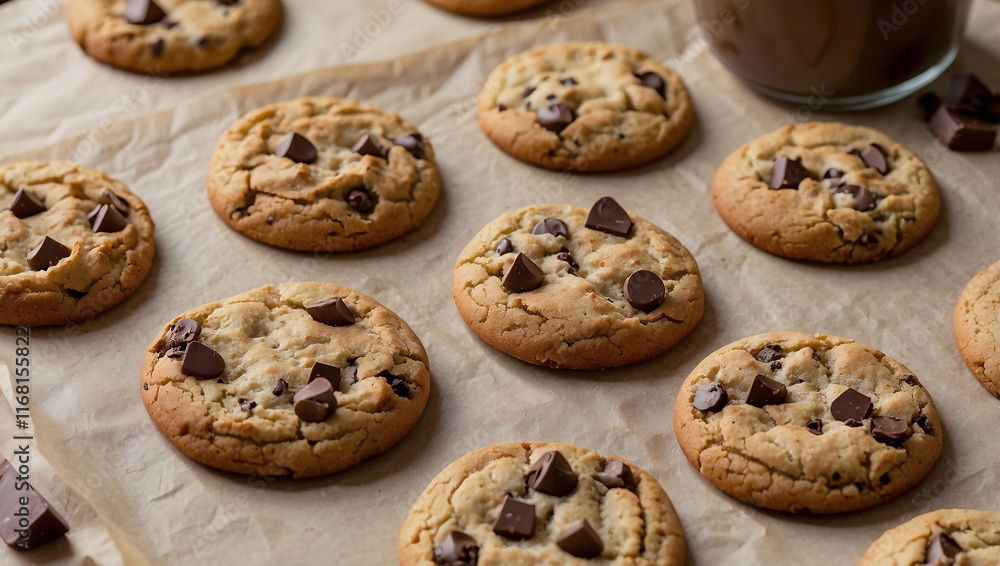 Freshly Baked Chocolate Chip Cookies on Parchment Paper Freshly Baked Chocolate Chip Cookies on Parchment Paper