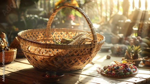 A woven besek filled with hand-carved wooden figures, colorful beads, and traditional souvenirs sits on a rustic table, surrounded by handmade crafts and softly lit by sunlight. photo