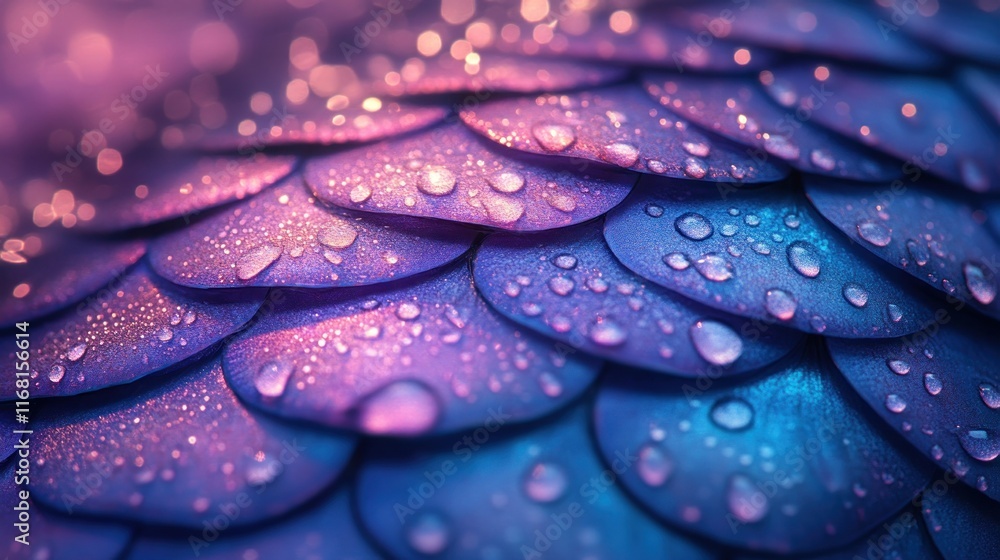 Fototapeta premium Closeup of iridescent animal fur with water droplets and colorful backdrop
