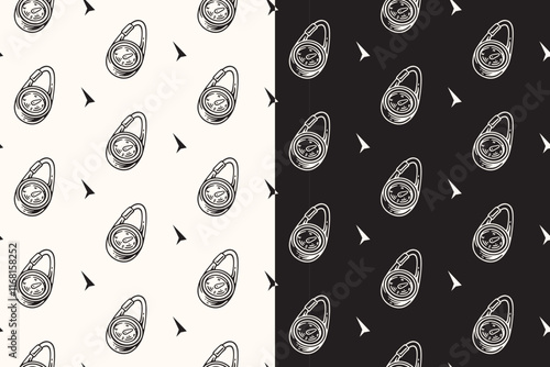 doodle compass with key chain seamless pattern on black white background for camping adventure merchandise.  retro modern compass pattern background. pattern of compass navigation vector background