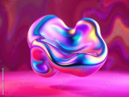 Abstract 3D shape with holographic effect on a pink background. Futuristic liquid shape with shimmering neon colours in modern art style photo