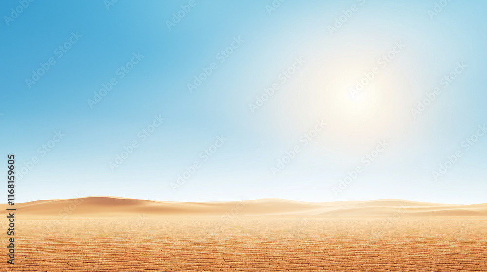Fototapeta premium Vast Desert Landscape: A panoramic view of a sun-drenched desert, stretching towards the horizon under a vibrant blue sky. The golden sand dunes create a sense of vastness and solitude.