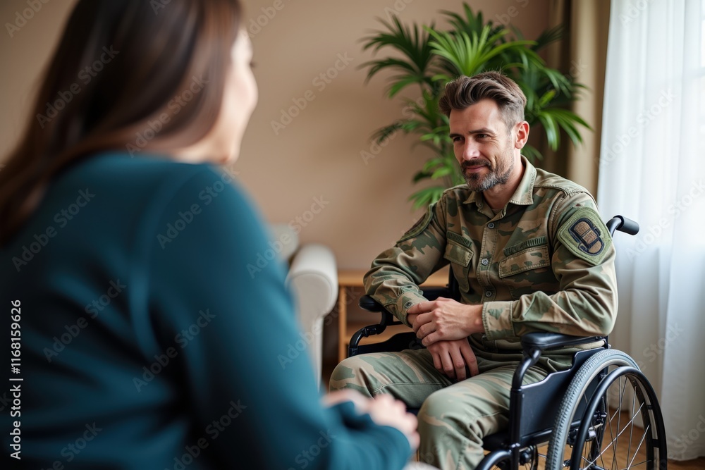 Fototapeta premium Empathetic Conversation Between Military Veteran in Wheelchair and Counselor in Calming Indoor Setting, Ideal for Mental Health Awareness Campaigns and Supportive Causes