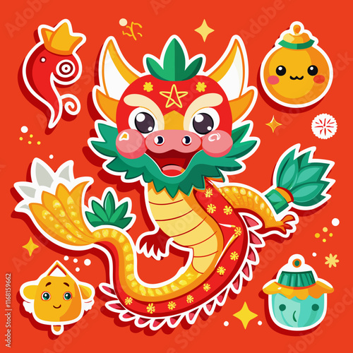 set of funny cartoon dragon chinese new year