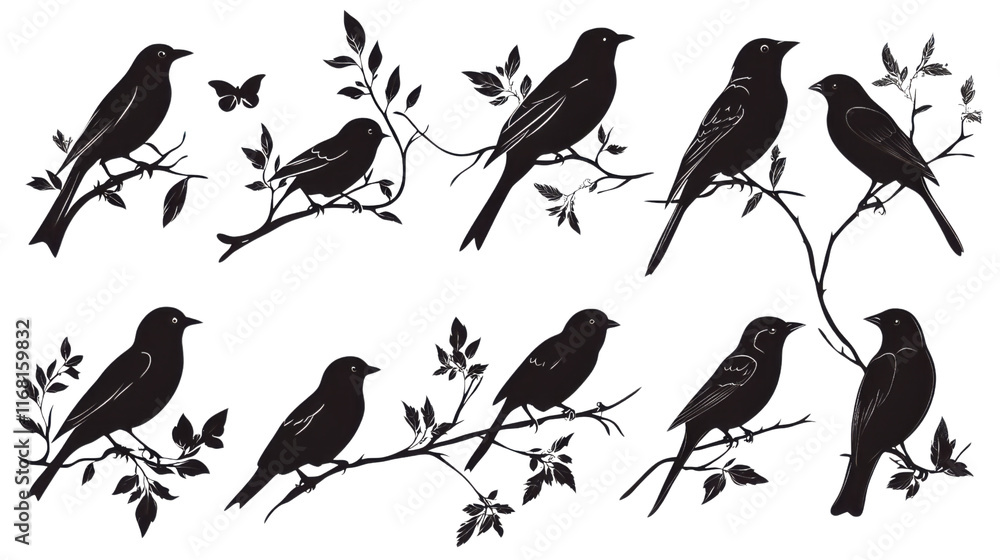 Fototapeta premium Set of black birds isolated on white background 