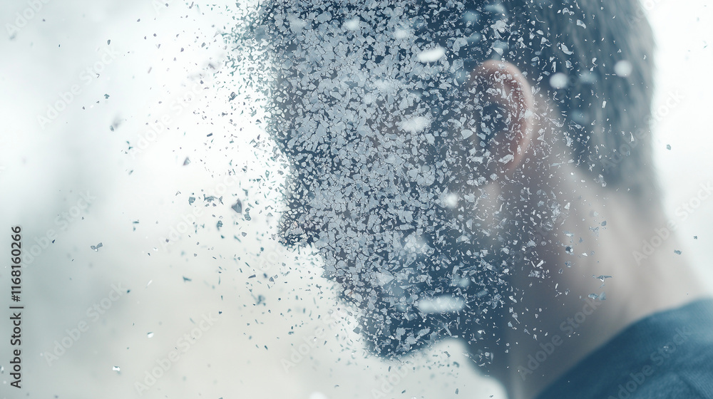 Fototapeta premium Disintegrating Reality: A man's face dissolves into a shower of rain, evoking a sense of overwhelming emotion and the fragility of the human condition.