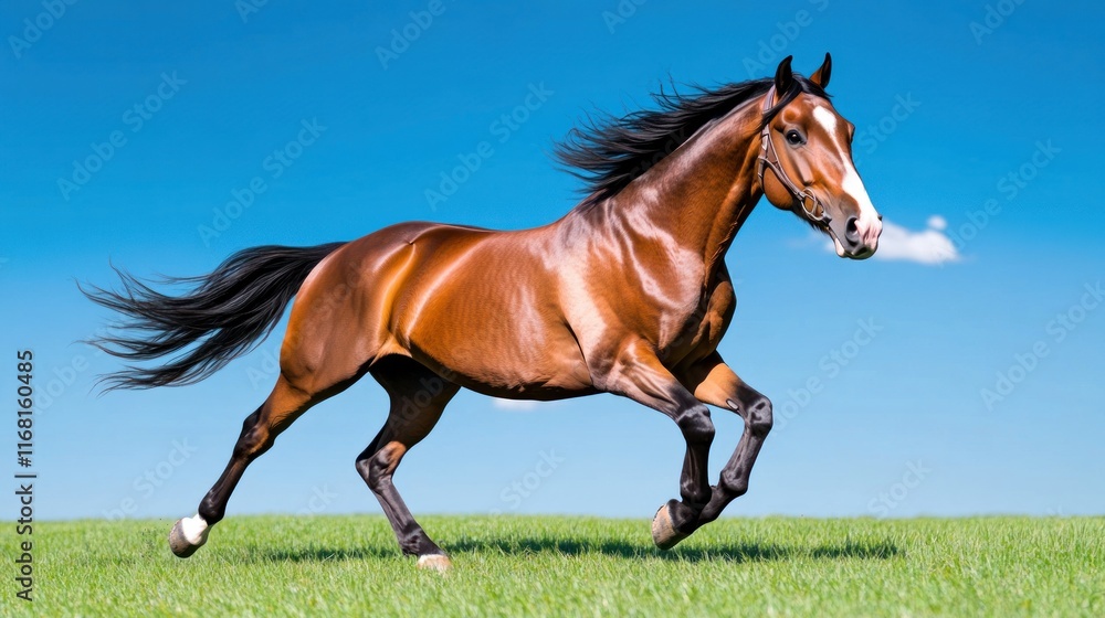 Obraz premium A brown horse galloping across a green field under a clear blue sky.