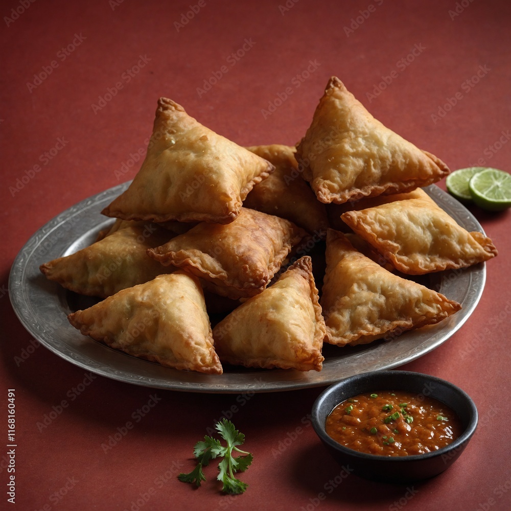 A samosas and fritters with amazing light red background. A samosas and fritters with amazing light red background.