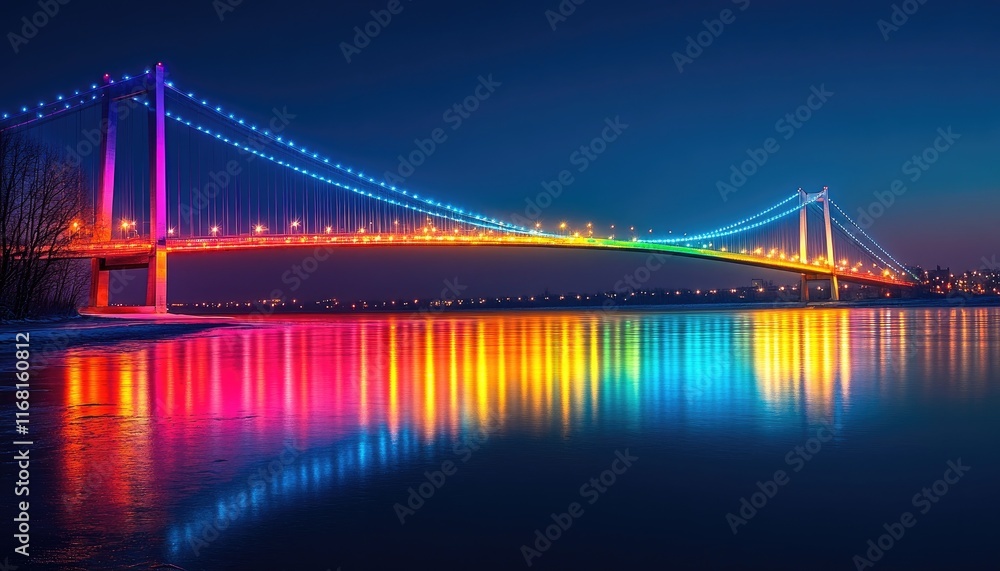 Vibrant Colorful Illuminated Bridge Reflecting on Dark Waters at Night Vibrant Colorful Illuminated Bridge Reflecting on Dark Waters at Night