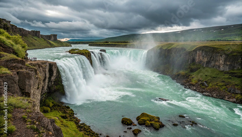 A wide landscape view of a powerful waterfall cascading down a rocky cliff face into a turquoise river.