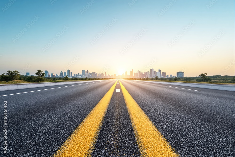 Fototapeta premium Straight road with yellow lines leading to a city skyline, bright sunrise, blue sky, green roadside trees, inspirational journey concept. Ai generative