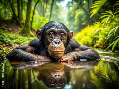 Aerial View: Bonobo Pan paniscus Resting in Water, Democratic Republic of Congo photo