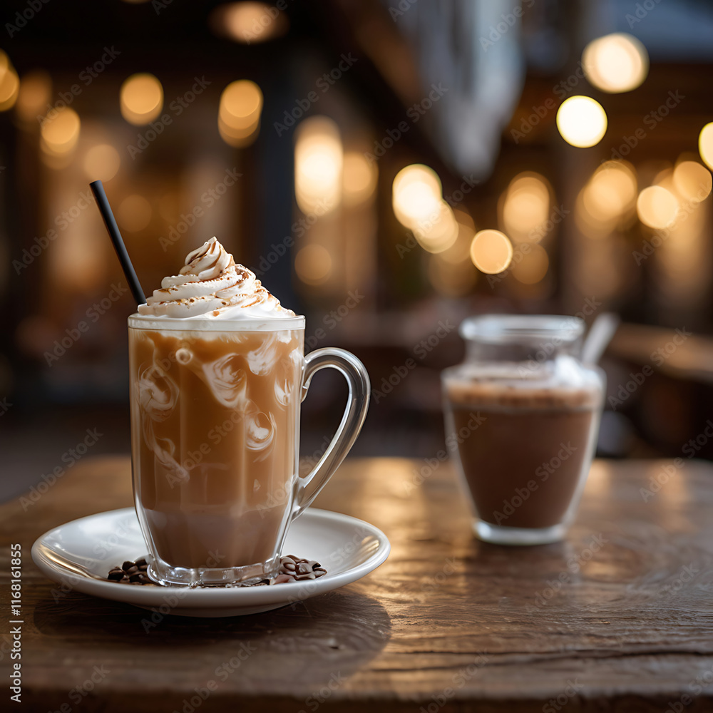 Close-up shot of chocolate milkshake with whipped cream and chocolate chips on a wooden counter, blurry cafe bokeh background. close up cup of cappuccino. Close-up shot of chocolate milkshake with whipped cream and chocolate chips on a wooden counter, blurry cafe bokeh background. close up cup of cappuccino.