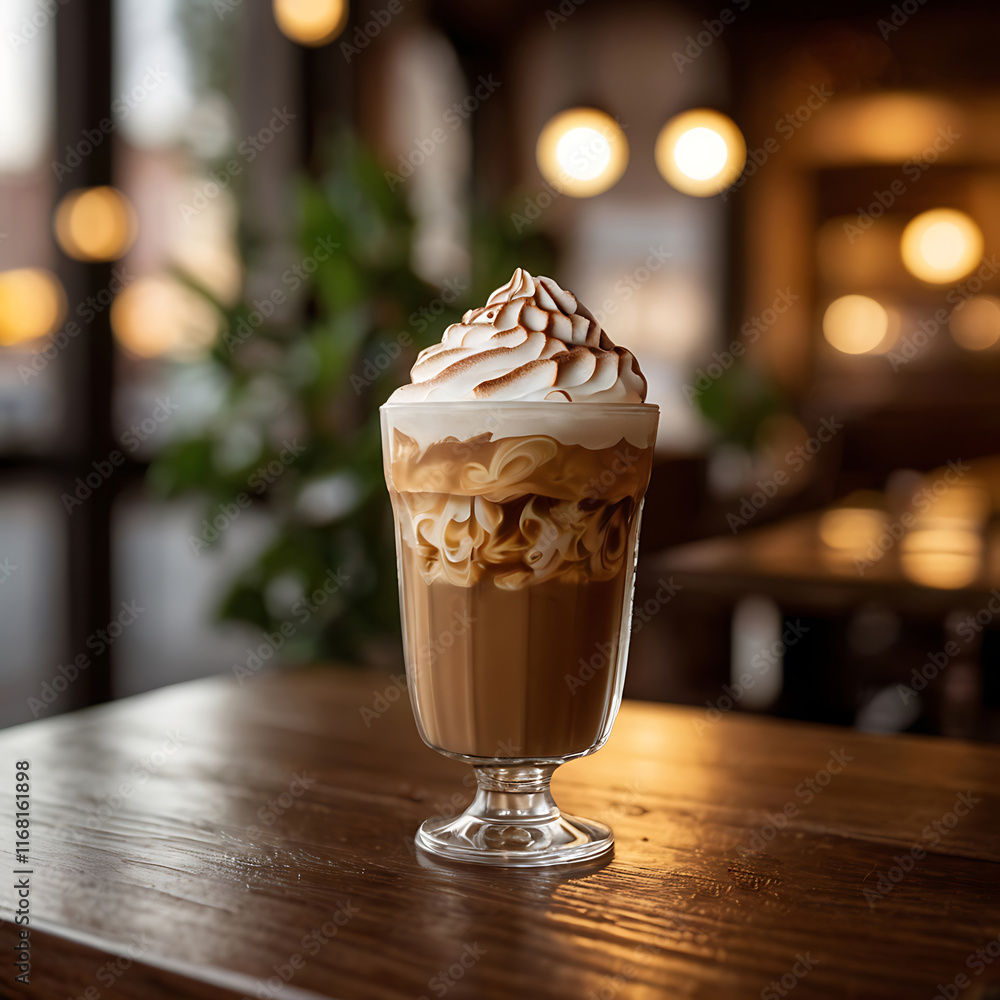 Close-up shot of chocolate milkshake with whipped cream and chocolate chips on a wooden counter, blurry cafe bokeh background. close up cup of cappuccino. Close-up shot of chocolate milkshake with whipped cream and chocolate chips on a wooden counter, blurry cafe bokeh background. close up cup of cappuccino.