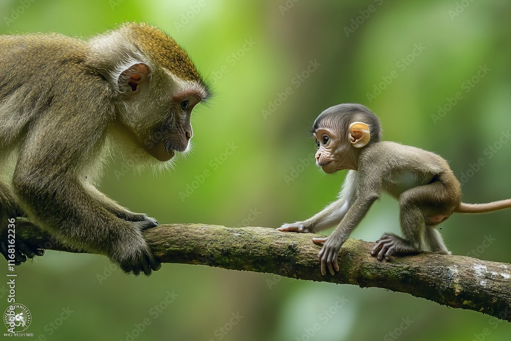 Obraz premium Mother monkey and baby monkey on a branch in a lush green forest.