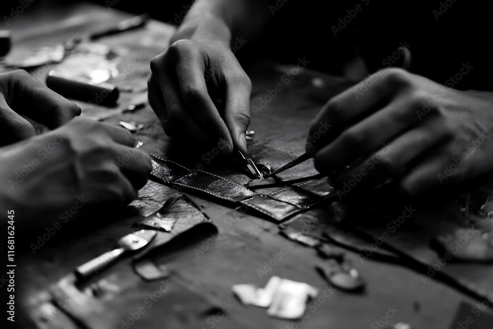 Close-up of hands crafting leather goods. Close-up of hands crafting leather goods.