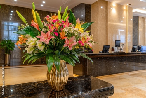 Elegant Flower Arrangement in a Reception Area Featuring Colorful Blooms and Lush Greenery in a Modern Hotel Environment
