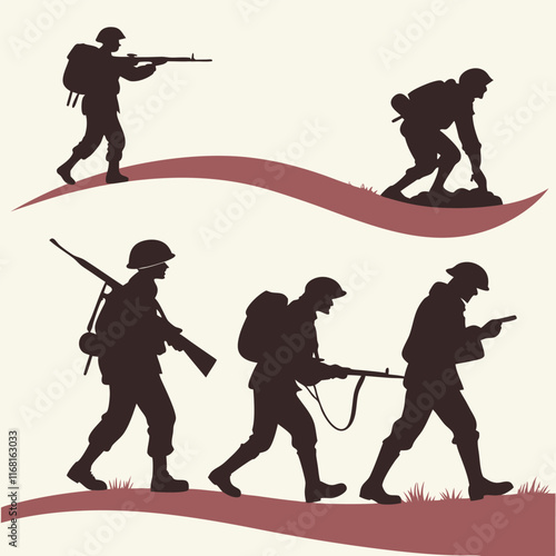 Military army set collection silhouette vector