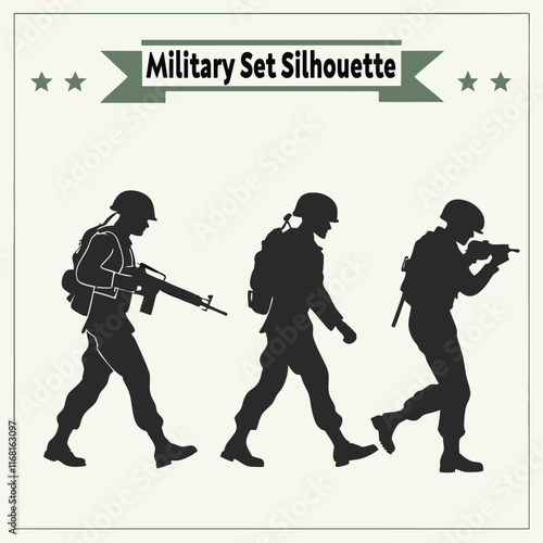 Military army set collection silhouette vector