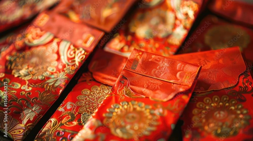 A close-up of traditional Chinese red envelopes filled with lucky money