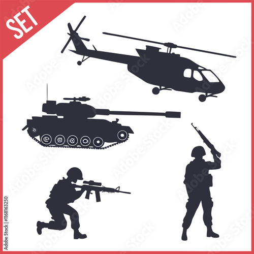 Military army set collection silhouette vector