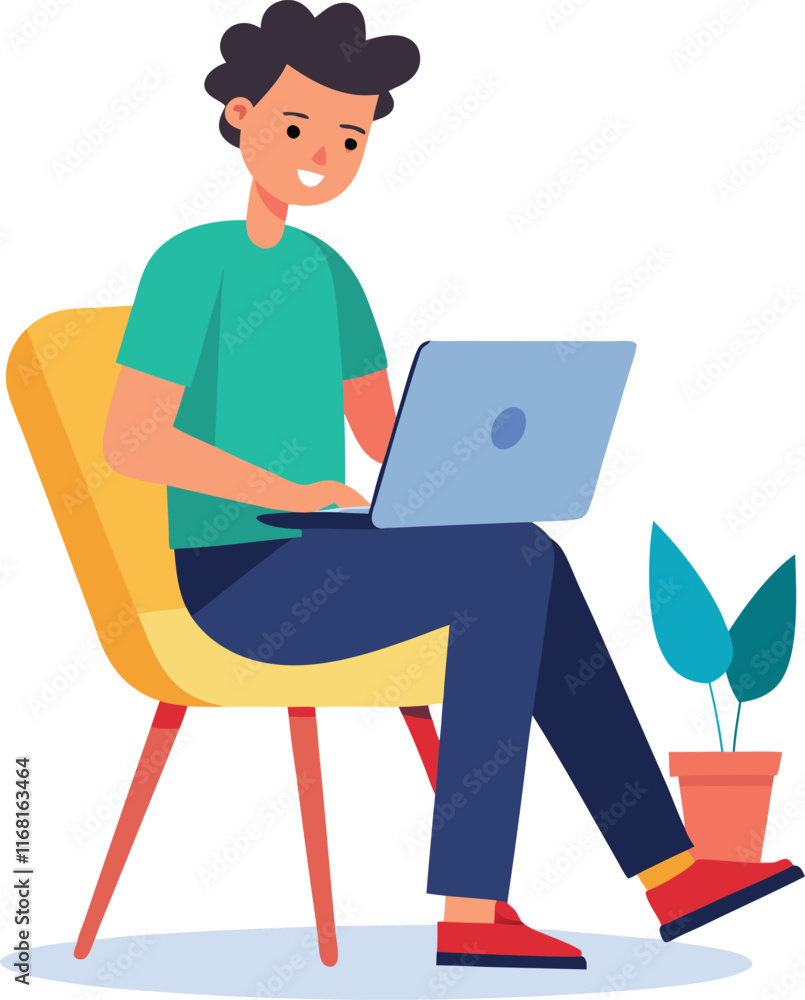 man working on his laptop, vector illustration man working on his laptop, vector illustration
