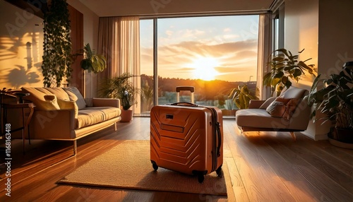 Travel adventure sunset view from a modern living room with a stylish suitcase
