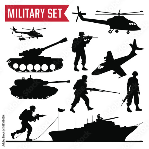 Military army set collection silhouette vector