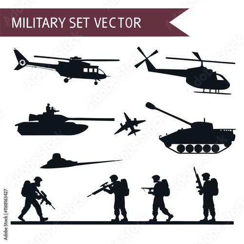 Military army set collection silhouette vector