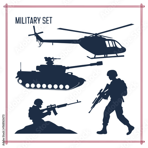 Military army set collection silhouette vector