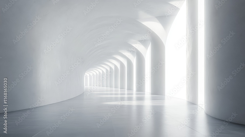 Abstract white curved corridor with columns and light.